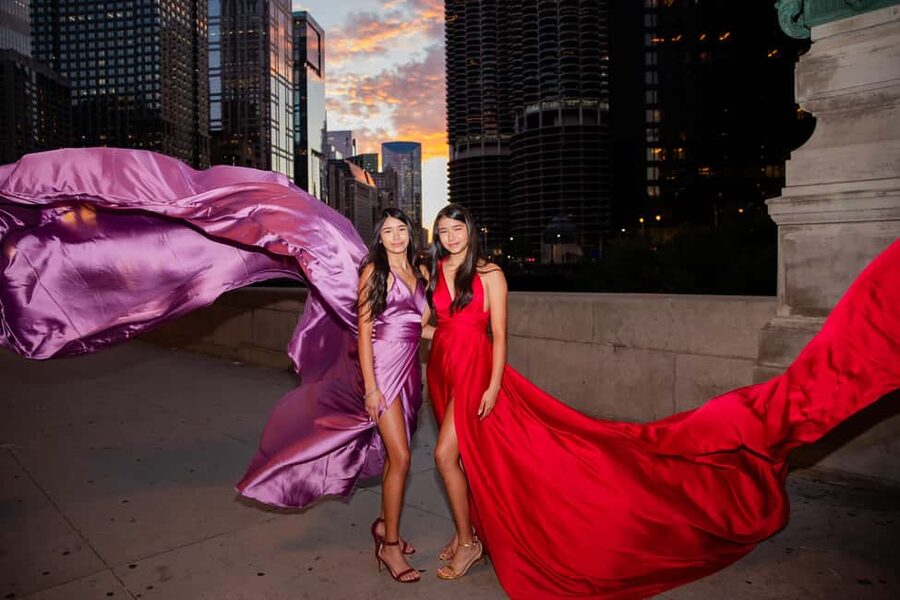 Chicago Luxury Flying Dress Photoshoot - Choosing between the red and green gowns