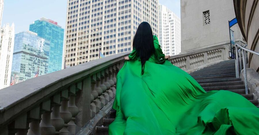 Chicago Luxury Flying Dress Photoshoot - Starting beneath The Chicago Theatre marquee