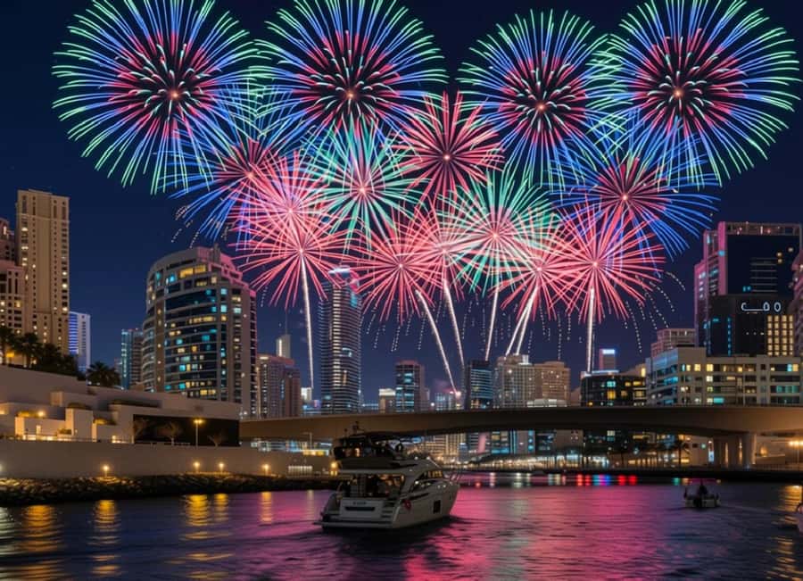 Dubai: New Year Eve Luxury Yacht Fireworks View & BBQ Cruise - BBQ dinner, drinks, and the onboard mood