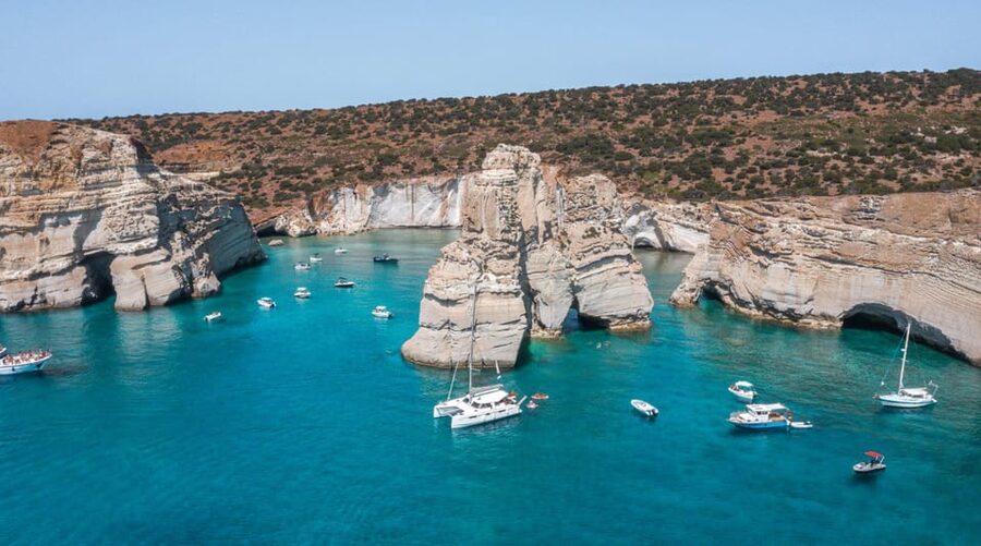 Milos: Full Day Luxury Catamaran with Full Meal & Open Bar - The return sail adds Sykia, Cape Vani, and Klima