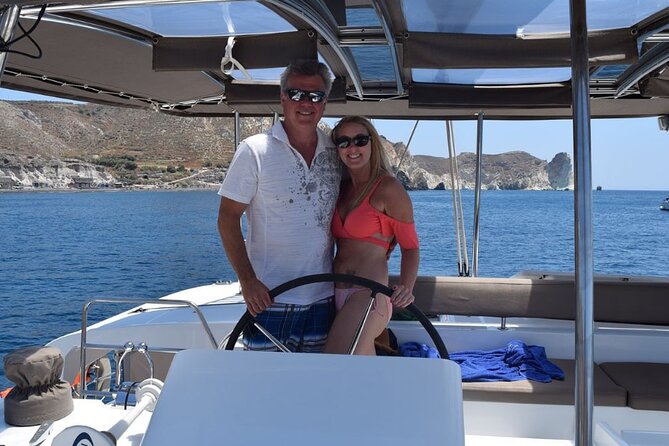 Private Luxury Santorini Catamaran Cruise with Port Pickup - A Greek meal served beside Nea Kameni