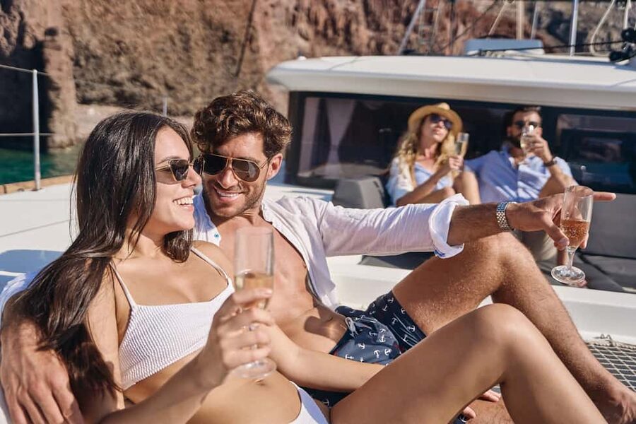 Santorini: Caldera Luxury Catamaran Cruise w/ Meal & Drinks - White Beach and Mesa Pigadia