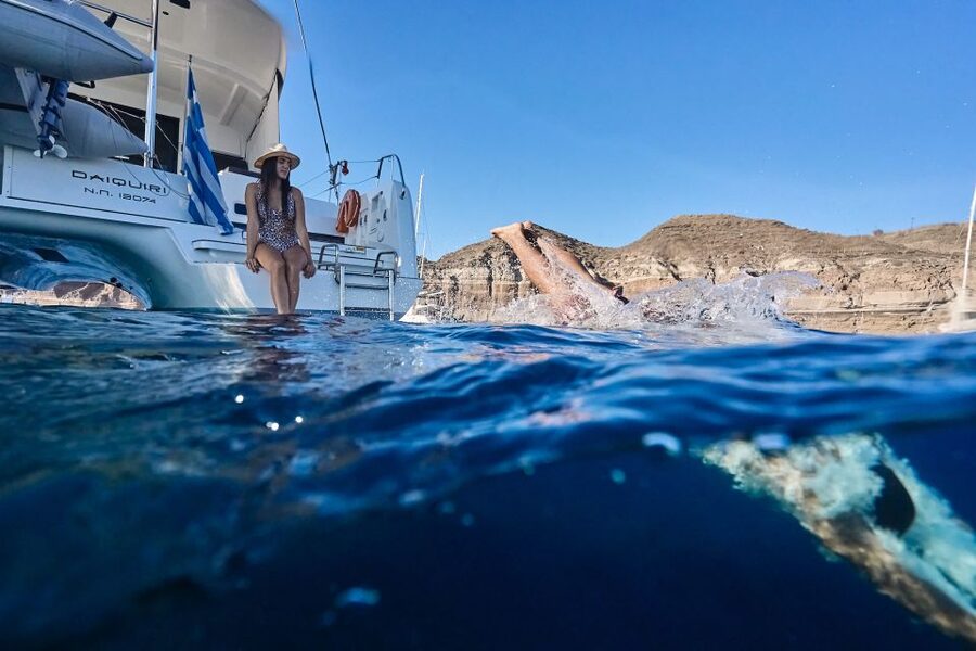 Santorini: Caldera Luxury Catamaran Cruise w/ Meal & Drinks - Akrotiri Lighthouse and Santorini’s volcanic edge