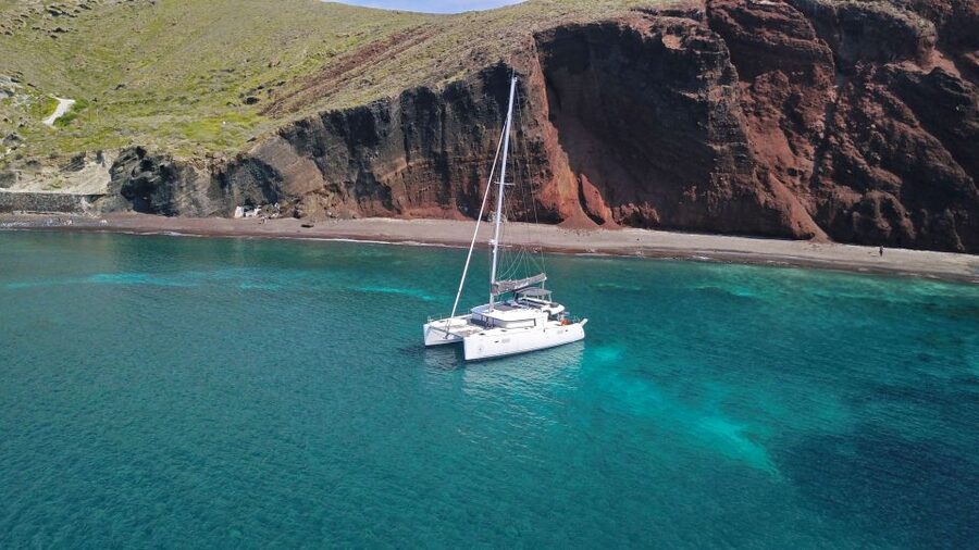 Santorini: Caldera Luxury Catamaran Cruise w/ Meal & Drinks - A Greek barbecue served at sea
