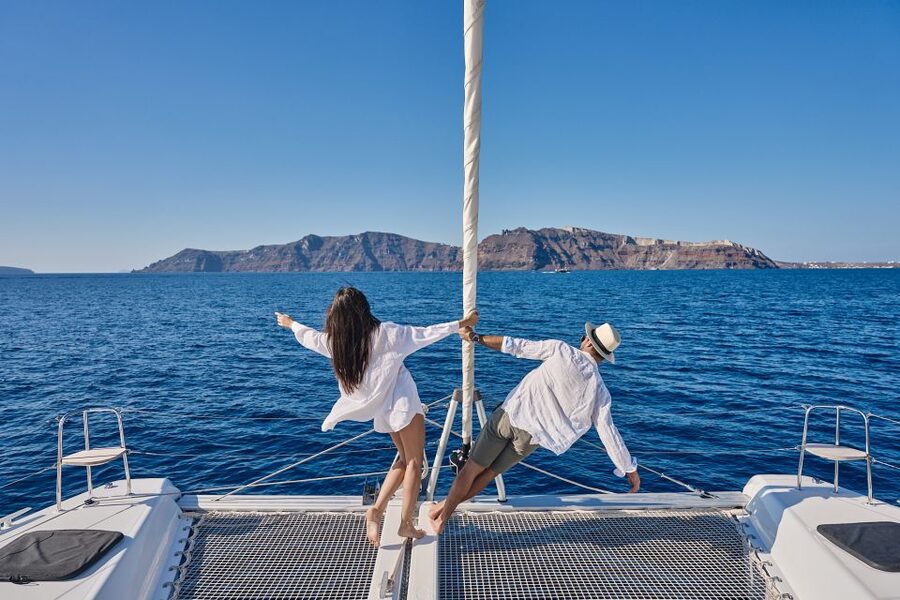 Santorini: Caldera Luxury Catamaran Cruise w/ Meal & Drinks - Choosing morning or sunset