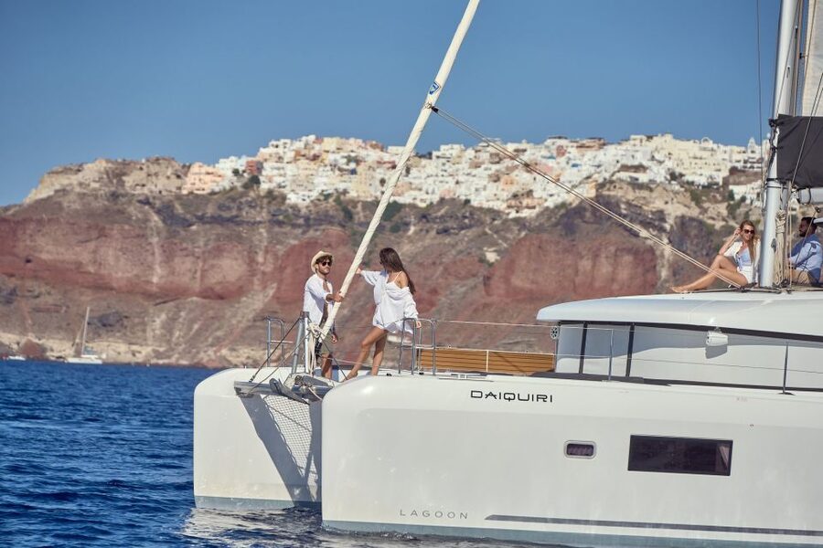Santorini: Day Luxury Catamaran Cruise with Meal & Drinks - Pickup from Oia, Thera, and the beach towns